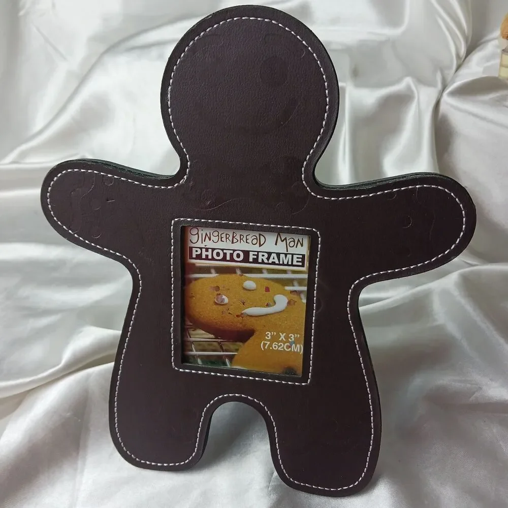 GINGERBREAD MAN BROWN faux leather PHOTO FRAME-HOLDS 3X3 PICTURE